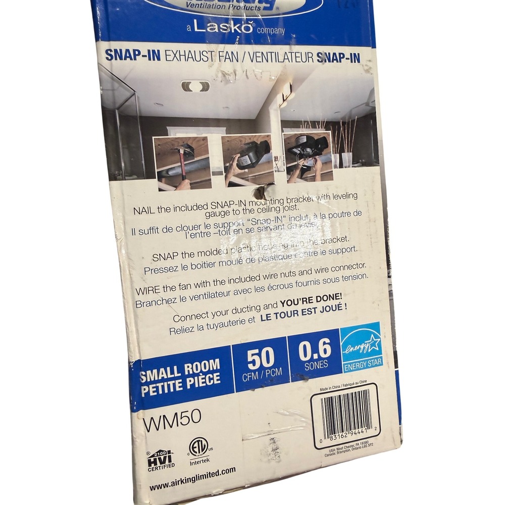 LASKO AIR KING Snap-In Exhaust Fan WM70 Small Room 70 CFM 2.0 SONES (NEW/SEALED) - Picture 2 of 5